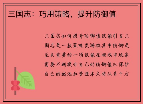 三国志：巧用策略，提升防御值