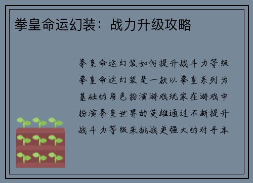拳皇命运幻装：战力升级攻略