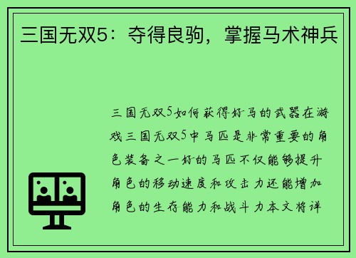 三国无双5：夺得良驹，掌握马术神兵
