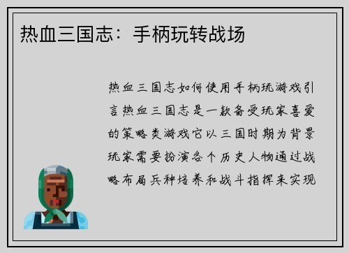 热血三国志：手柄玩转战场