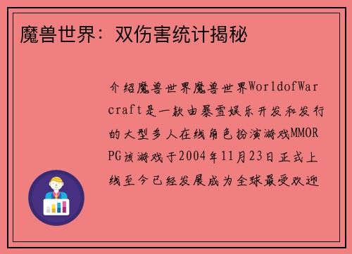 魔兽世界：双伤害统计揭秘